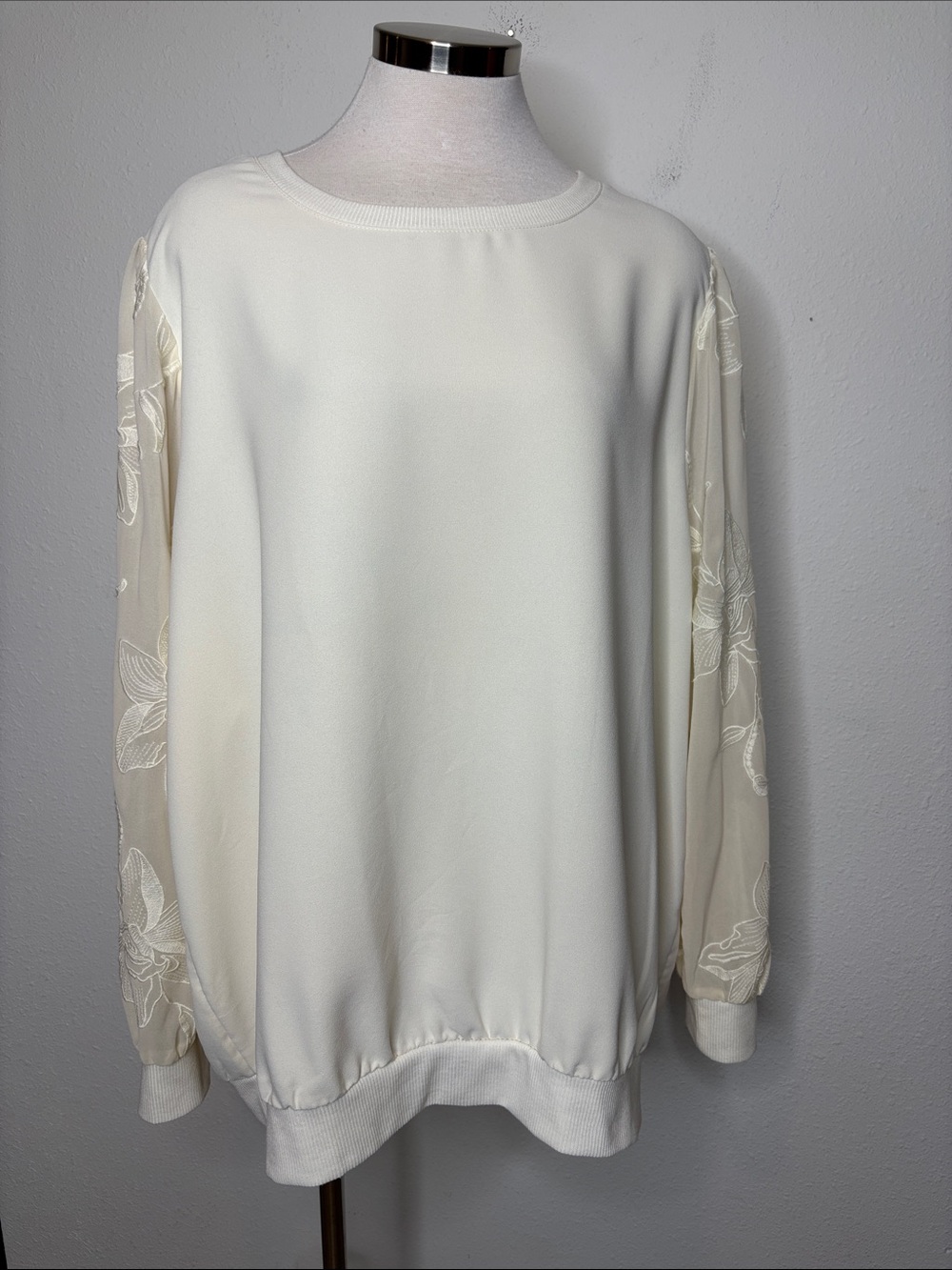 Maurices Cream Pullover Top with Sheer Embroidered Sleeves